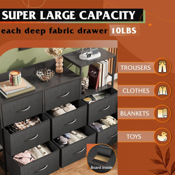 WLIVE White Dresser TV Stand for Bedroom with Charging Station and Open Shelves, Fabric Dresser with 8 Drawers and Wood Top, Wide Storage Chest of Drawers for Living Room, Hallway