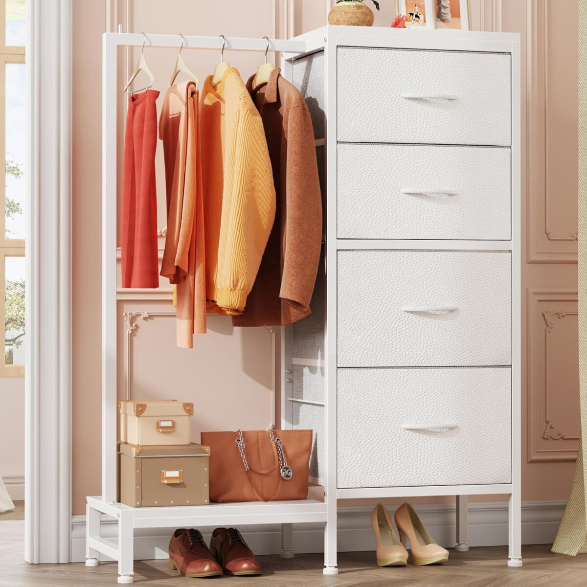 Dresser with Hanging Rack, 4 Drawers Small Closet for Bedroom, Reversible Fabric Kids Chest of Drawers with Clothes Rack, Tall Storage Tower, Sturdy Frame, White, 44''H