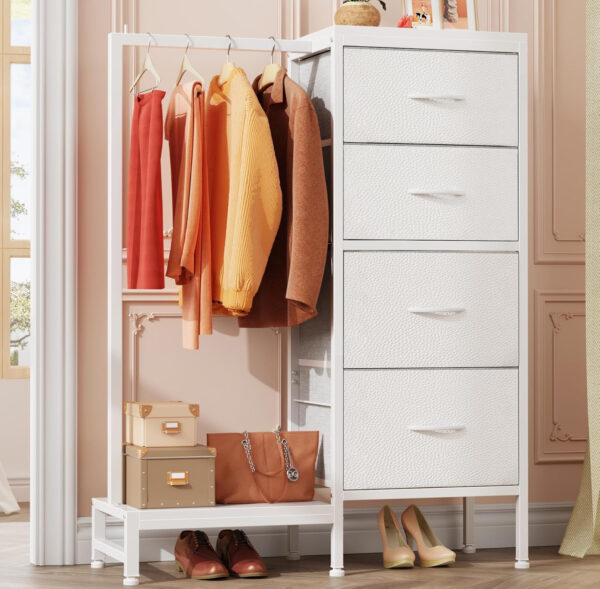 Dresser with Hanging Rack, 4 Drawers Small Closet for Bedroom, Reversible Fabric Kids Chest of Drawers with Clothes Rack, Tall Storage Tower, Sturdy Frame, White, 44''H