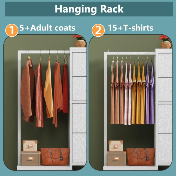 Dresser with Hanging Rack, 4 Drawers Small Closet for Bedroom, Reversible Fabric Kids Chest of Drawers with Clothes Rack, Tall Storage Tower, Sturdy Frame, White, 44''H