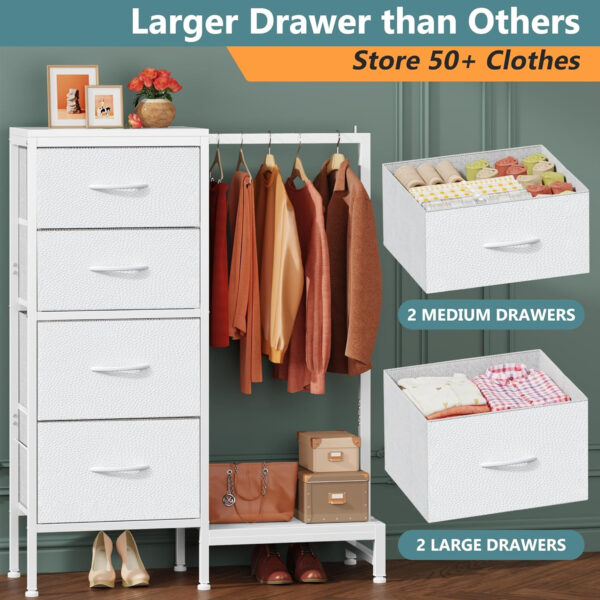 Dresser with Hanging Rack, 4 Drawers Small Closet for Bedroom, Reversible Fabric Kids Chest of Drawers with Clothes Rack, Tall Storage Tower, Sturdy Frame, White, 44''H