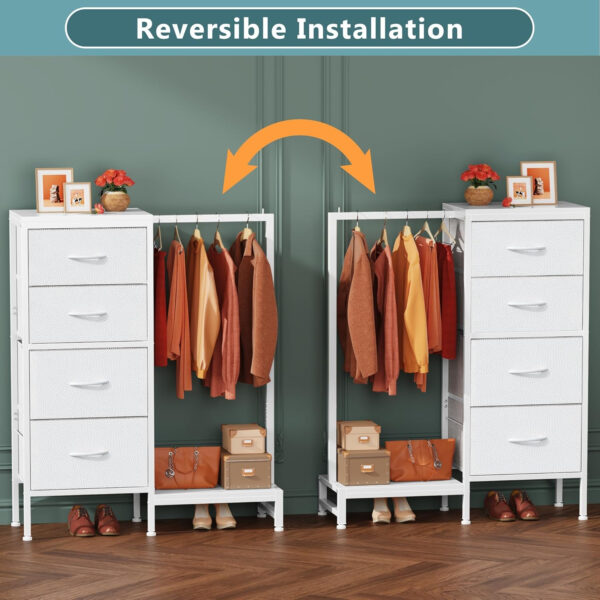 Dresser with Hanging Rack, 4 Drawers Small Closet for Bedroom, Reversible Fabric Kids Chest of Drawers with Clothes Rack, Tall Storage Tower, Sturdy Frame, White, 44''H