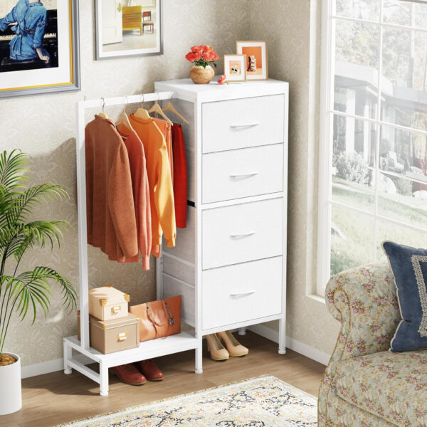 Dresser with Hanging Rack, 4 Drawers Small Closet for Bedroom, Reversible Fabric Kids Chest of Drawers with Clothes Rack, Tall Storage Tower, Sturdy Frame, White, 44''H