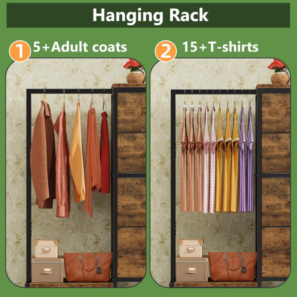 Dresser with Hanging Rack, 4 Drawers Small Closet for Bedroom, Reversible Fabric Kids Chest of Drawers with Clothes Rack, Tall Storage Tower, Sturdy Frame, White, 44''H