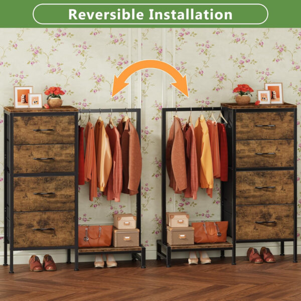 Dresser with Hanging Rack, 4 Drawers Small Closet for Bedroom, Reversible Fabric Kids Chest of Drawers with Clothes Rack, Tall Storage Tower, Sturdy Frame, White, 44''H