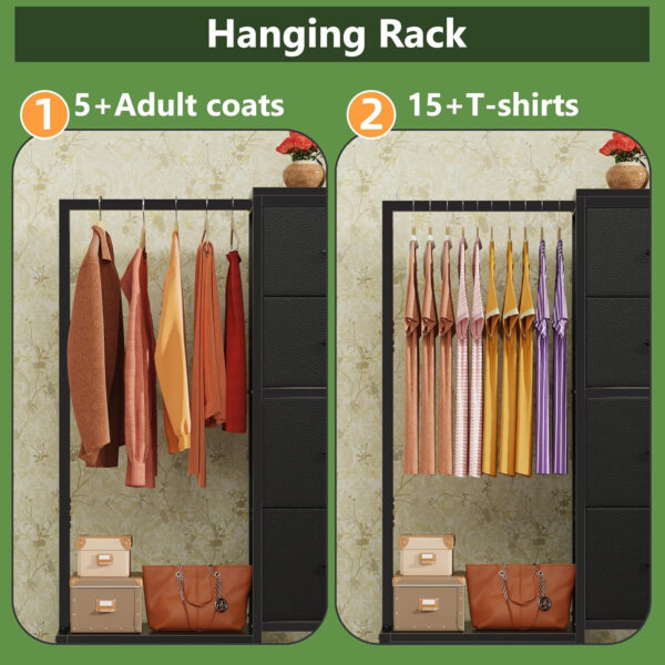 Dresser with Hanging Rack, 4 Drawers Small Closet for Bedroom, Reversible Fabric Kids Chest of Drawers with Clothes Rack, Tall Storage Tower, Sturdy Frame, White, 44''H