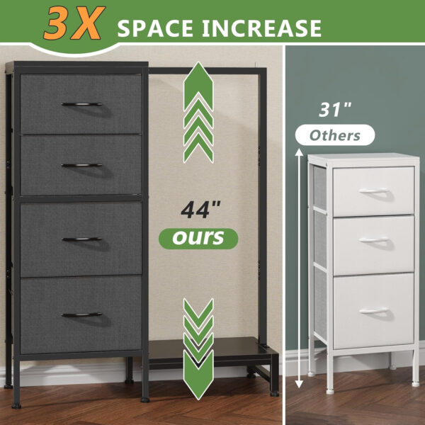 Dresser with Hanging Rack, 4 Drawers Small Closet for Bedroom, Reversible Fabric Kids Chest of Drawers with Clothes Rack, Tall Storage Tower, Sturdy Frame, White, 44''H