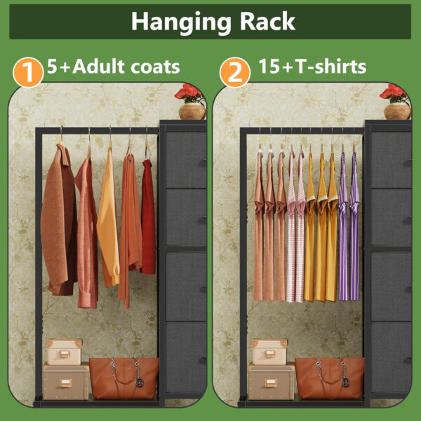 Dresser with Hanging Rack, 4 Drawers Small Closet for Bedroom, Reversible Fabric Kids Chest of Drawers with Clothes Rack, Tall Storage Tower, Sturdy Frame, White, 44''H