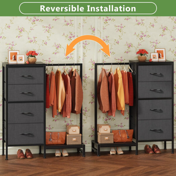 Dresser with Hanging Rack, 4 Drawers Small Closet for Bedroom, Reversible Fabric Kids Chest of Drawers with Clothes Rack, Tall Storage Tower, Sturdy Frame, White, 44''H