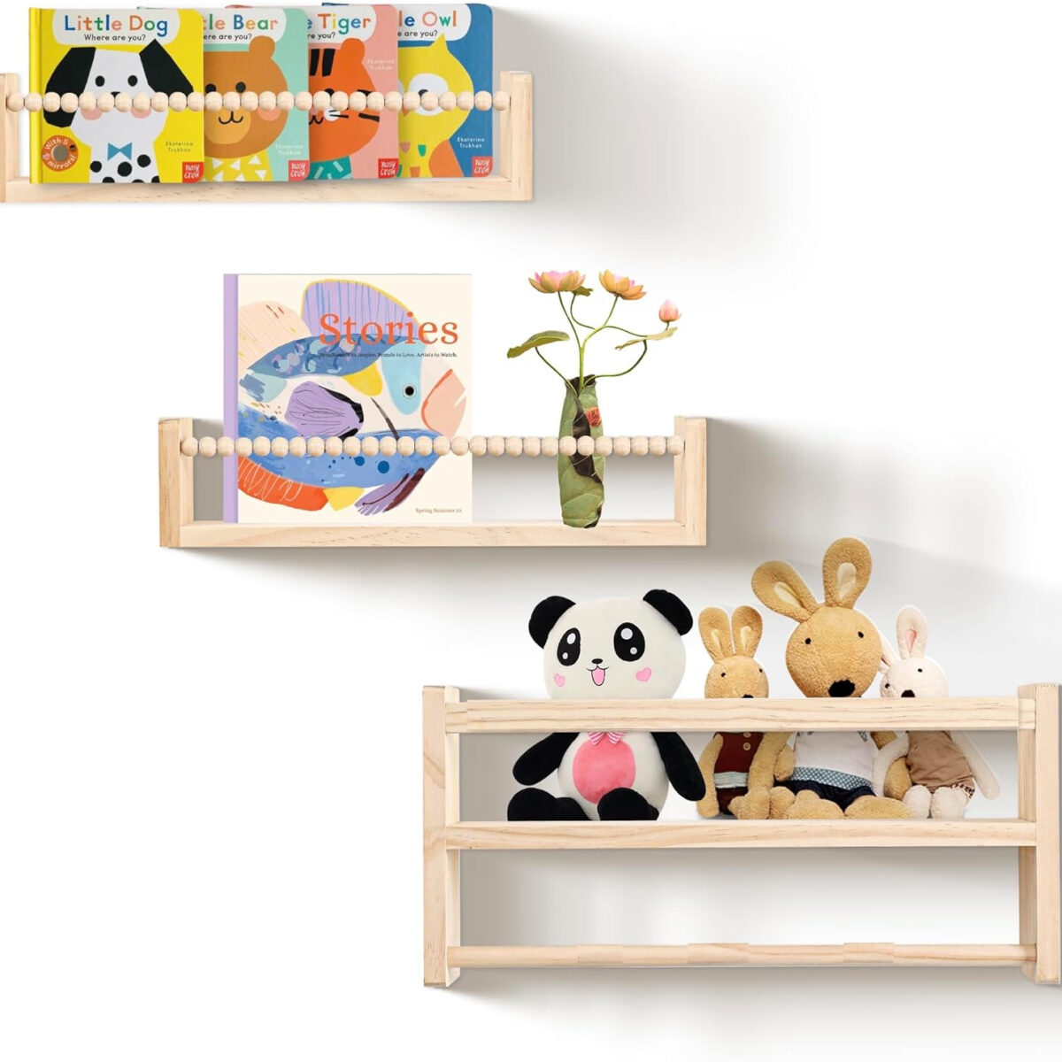 688bc02dacfb0555fd3c0172e2fbd593a817df64fcf97b59e77f9.jpg Nursery Floating Book Shelves, Wall Mounted Shelf with Towel Bar for Kids Room, Nursery Wall Shelves Set of 3 - Rustic Bookshelf Organizer for Baby Books & Toys,Natural Wood
