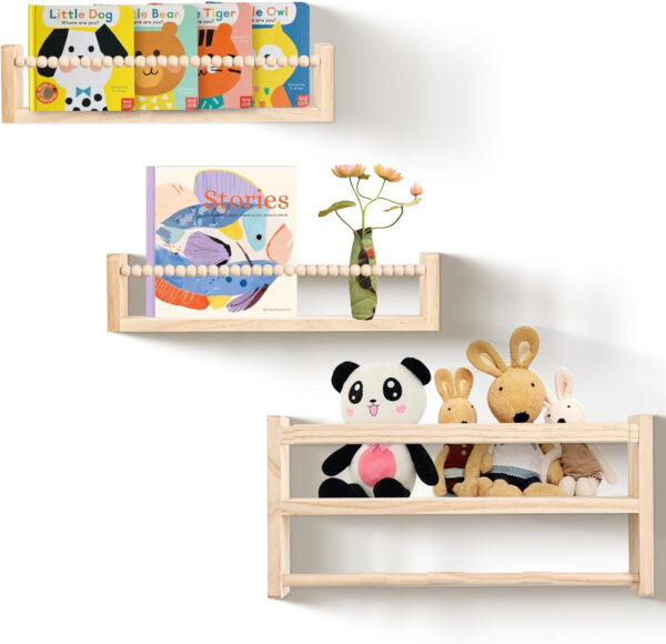 Nursery Floating Book Shelves, Wall Mounted Shelf with Towel Bar for Kids Room, Nursery Wall Shelves Set of 3 - Rustic Bookshelf Organizer for Baby Books & Toys,Natural Wood