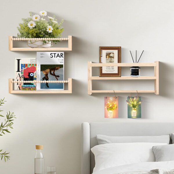 Nursery Floating Book Shelves, Wall Mounted Shelf with Towel Bar for Kids Room, Nursery Wall Shelves Set of 3 - Rustic Bookshelf Organizer for Baby Books & Toys,Natural Wood