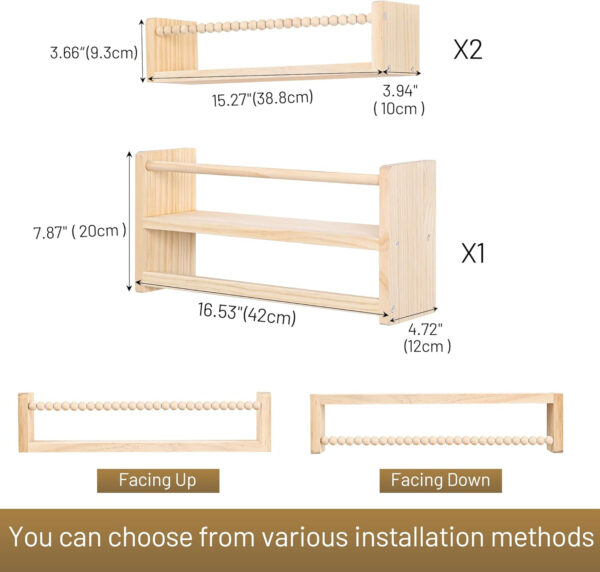 Nursery Floating Book Shelves, Wall Mounted Shelf with Towel Bar for Kids Room, Nursery Wall Shelves Set of 3 - Rustic Bookshelf Organizer for Baby Books & Toys,Natural Wood