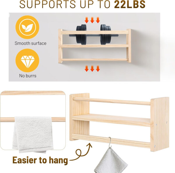 Nursery Floating Book Shelves, Wall Mounted Shelf with Towel Bar for Kids Room, Nursery Wall Shelves Set of 3 - Rustic Bookshelf Organizer for Baby Books & Toys,Natural Wood