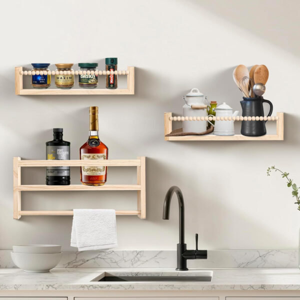 Nursery Floating Book Shelves, Wall Mounted Shelf with Towel Bar for Kids Room, Nursery Wall Shelves Set of 3 - Rustic Bookshelf Organizer for Baby Books & Toys,Natural Wood