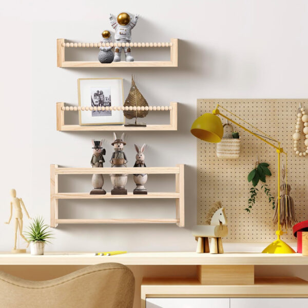 Nursery Floating Book Shelves, Wall Mounted Shelf with Towel Bar for Kids Room, Nursery Wall Shelves Set of 3 - Rustic Bookshelf Organizer for Baby Books & Toys,Natural Wood