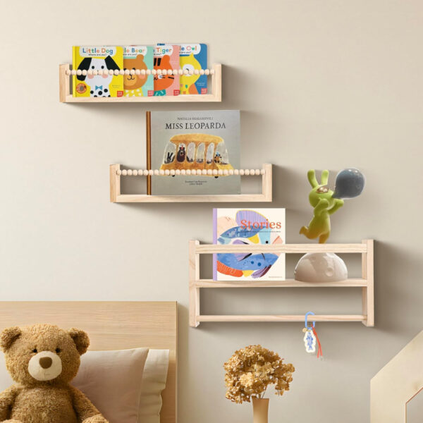 Nursery Floating Book Shelves, Wall Mounted Shelf with Towel Bar for Kids Room, Nursery Wall Shelves Set of 3 - Rustic Bookshelf Organizer for Baby Books & Toys,Natural Wood
