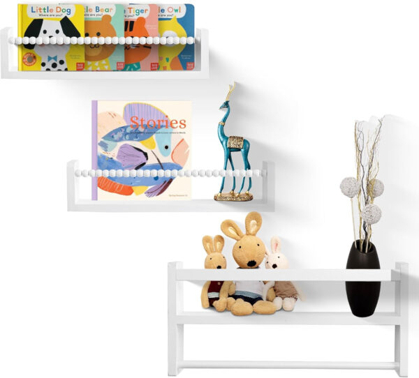 Nursery Floating Book Shelves, Wall Mounted Shelf with Towel Bar for Kids Room, Nursery Wall Shelves Set of 3 - Rustic Bookshelf Organizer for Baby Books & Toys,Natural Wood