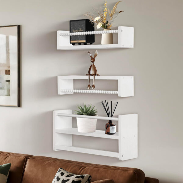 Nursery Floating Book Shelves, Wall Mounted Shelf with Towel Bar for Kids Room, Nursery Wall Shelves Set of 3 - Rustic Bookshelf Organizer for Baby Books & Toys,Natural Wood