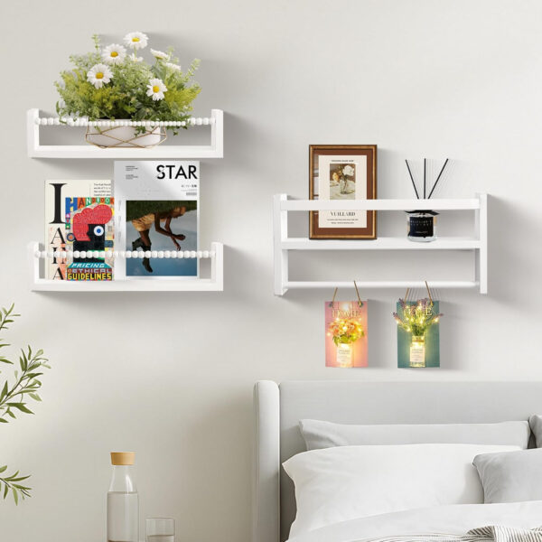 Nursery Floating Book Shelves, Wall Mounted Shelf with Towel Bar for Kids Room, Nursery Wall Shelves Set of 3 - Rustic Bookshelf Organizer for Baby Books & Toys,Natural Wood