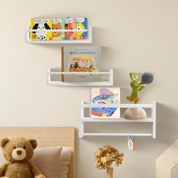 Nursery Floating Book Shelves, Wall Mounted Shelf with Towel Bar for Kids Room, Nursery Wall Shelves Set of 3 - Rustic Bookshelf Organizer for Baby Books & Toys,Natural Wood