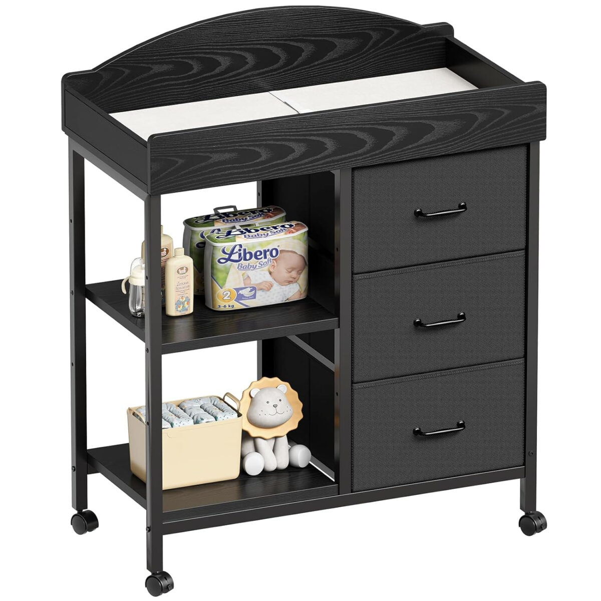 Changing Table Dresser, Baby Dresser with 3 Drawers and 2 Shelves, Multi-Functional Baby Changing Table with Pad, Classic Nursery Dresser, Diaper Changing Station for Children's Room, Black