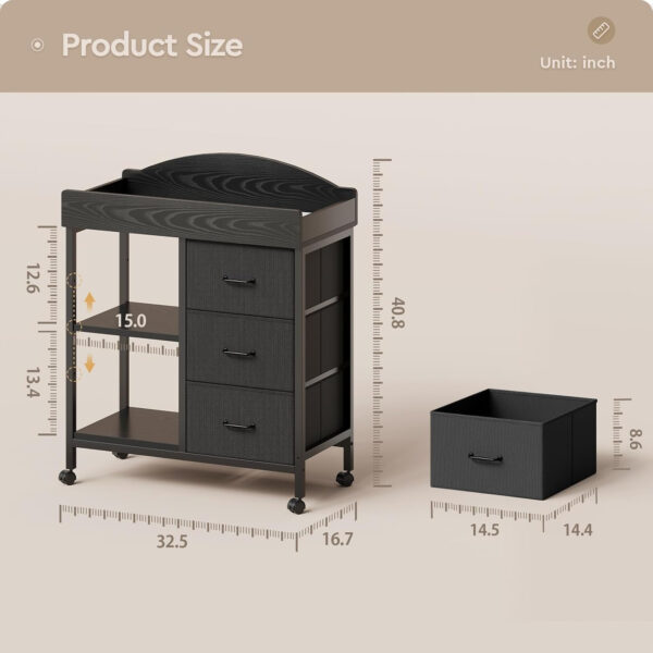 688bc07219b92b8d5c8cb484c35c558711f9422041d206a687a42.jpg Changing Table Dresser, Baby Dresser with 3 Drawers and 2 Shelves, Multi-Functional Baby Changing Table with Pad, Classic Nursery Dresser, Diaper Changing Station for Children's Room, Black
