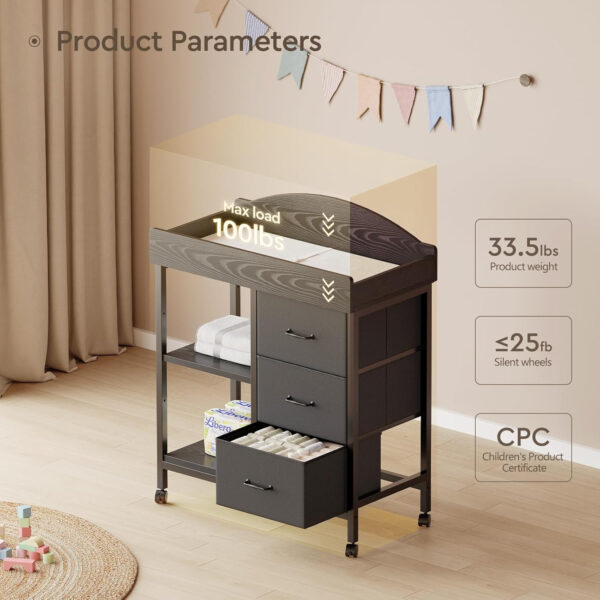 688bc077cd798f724049a52f0839f361f6249de3308a48fe5a6d6.jpg Changing Table Dresser, Baby Dresser with 3 Drawers and 2 Shelves, Multi-Functional Baby Changing Table with Pad, Classic Nursery Dresser, Diaper Changing Station for Children's Room, Black