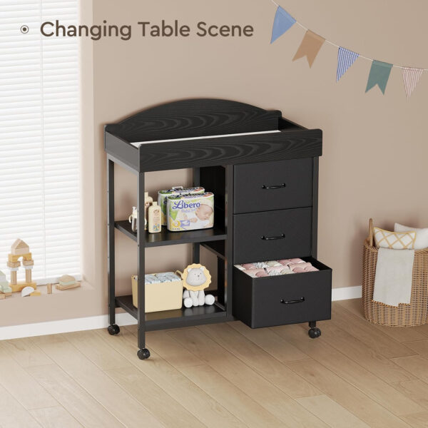 688bc0792535ad9620800cc57eba55e72724bd9cac8d7a4d2aee9.jpg Changing Table Dresser, Baby Dresser with 3 Drawers and 2 Shelves, Multi-Functional Baby Changing Table with Pad, Classic Nursery Dresser, Diaper Changing Station for Children's Room, Black