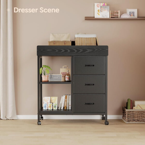 688bc07ab39d4f20a7086c0805a66317868699b97b9042b0f5e3a.jpg Changing Table Dresser, Baby Dresser with 3 Drawers and 2 Shelves, Multi-Functional Baby Changing Table with Pad, Classic Nursery Dresser, Diaper Changing Station for Children's Room, Black