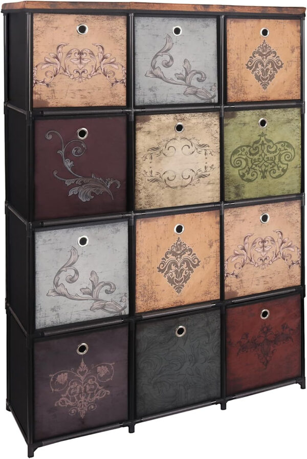 Storage Tower Unit with 12 Drawers, Vintage Floral Cube Organizer Shelf, Tall Fabric Dresser for Bedroom, Closet, Nursery, Hallway, Entryway