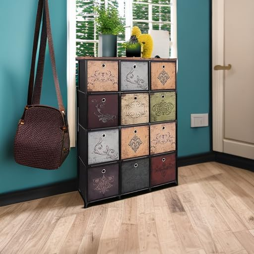 Storage Tower Unit with 12 Drawers, Vintage Floral Cube Organizer Shelf, Tall Fabric Dresser for Bedroom, Closet, Nursery, Hallway, Entryway