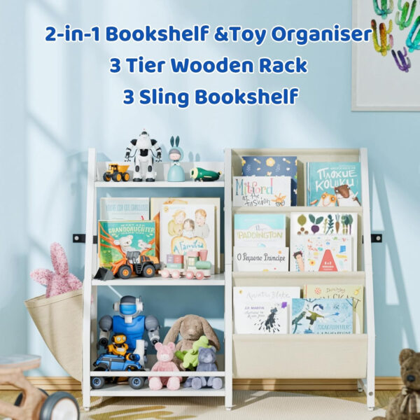 Kids Bookshelf and Toy Organizer, 3 Tier Bookshelf for Kids, Montessori Bookcase Book Shelf Rooms, Bedroom, Playroom, Nursery, Toy Storage Organizer with Bookshelf (White)