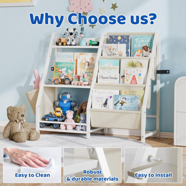 Kids Bookshelf and Toy Organizer, 3 Tier Bookshelf for Kids, Montessori Bookcase Book Shelf Rooms, Bedroom, Playroom, Nursery, Toy Storage Organizer with Bookshelf (White)