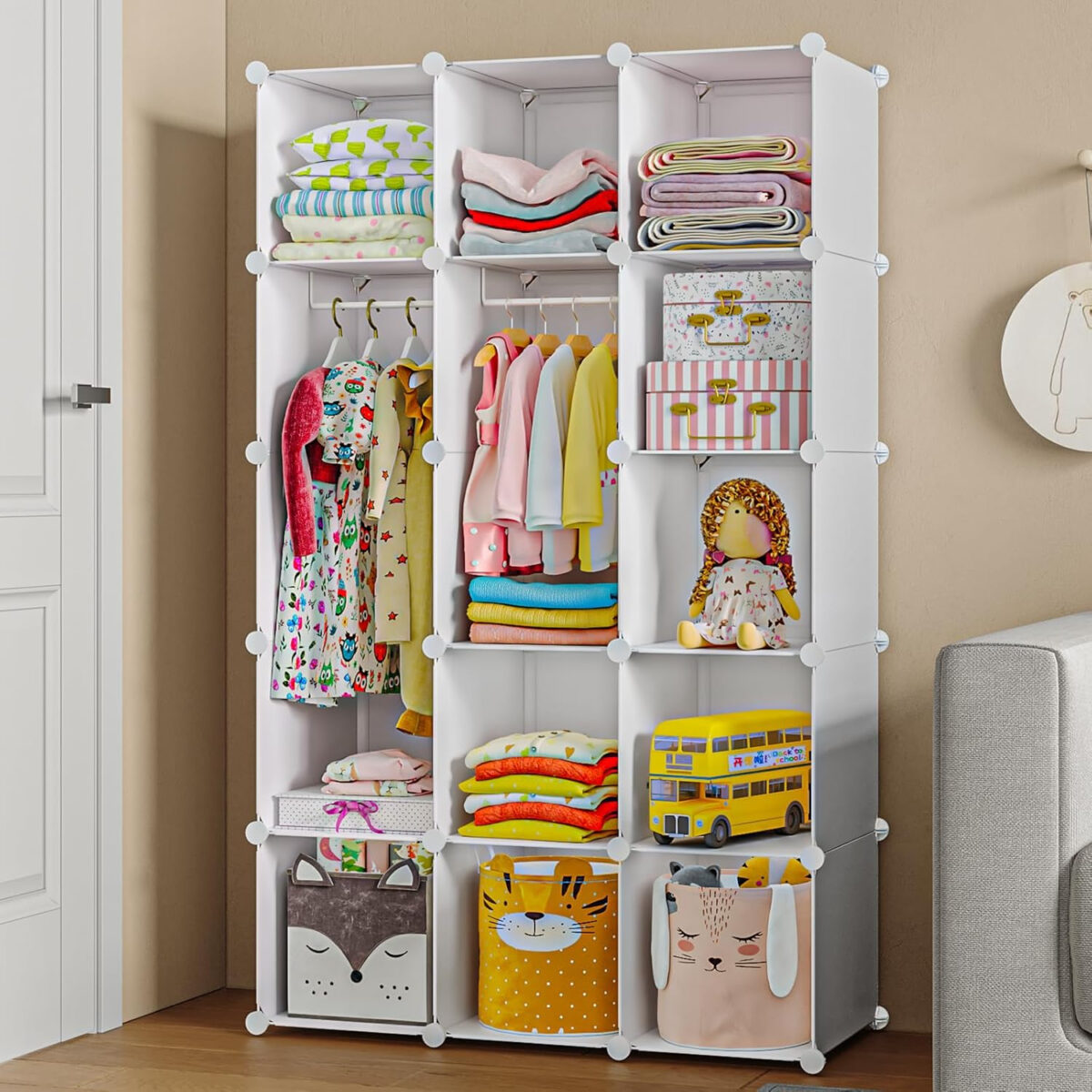 Portable Baby Wardrobe, Modular Kids Dresser,Children Nursery Closet Organizer, 15 Cubes with Hanging Rods,Bedroom,Boys and Girls Storage Shelf, Armoire Clothes Cubby(White)