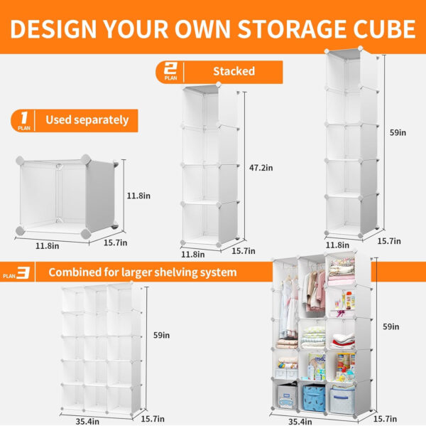 Portable Baby Wardrobe, Modular Kids Dresser,Children Nursery Closet Organizer, 15 Cubes with Hanging Rods,Bedroom,Boys and Girls Storage Shelf, Armoire Clothes Cubby(White)