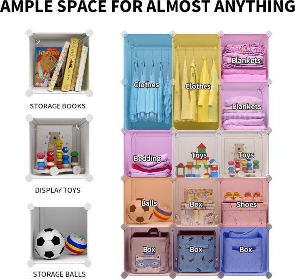 Portable Baby Wardrobe, Modular Kids Dresser,Children Nursery Closet Organizer, 15 Cubes with Hanging Rods,Bedroom,Boys and Girls Storage Shelf, Armoire Clothes Cubby(White)