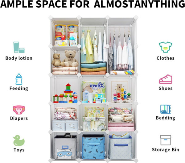 Portable Baby Wardrobe, Modular Kids Dresser,Children Nursery Closet Organizer, 15 Cubes with Hanging Rods,Bedroom,Boys and Girls Storage Shelf, Armoire Clothes Cubby(White)