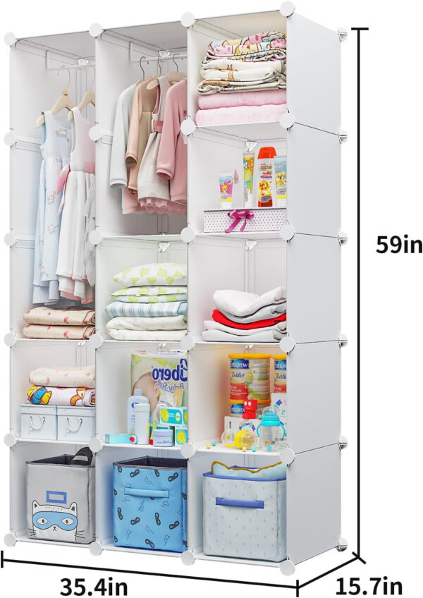 Portable Baby Wardrobe, Modular Kids Dresser,Children Nursery Closet Organizer, 15 Cubes with Hanging Rods,Bedroom,Boys and Girls Storage Shelf, Armoire Clothes Cubby(White)