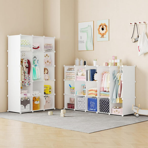 Portable Baby Wardrobe, Modular Kids Dresser,Children Nursery Closet Organizer, 15 Cubes with Hanging Rods,Bedroom,Boys and Girls Storage Shelf, Armoire Clothes Cubby(White)
