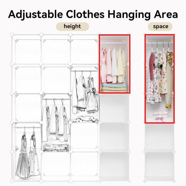 Portable Baby Wardrobe, Modular Kids Dresser,Children Nursery Closet Organizer, 15 Cubes with Hanging Rods,Bedroom,Boys and Girls Storage Shelf, Armoire Clothes Cubby(White)