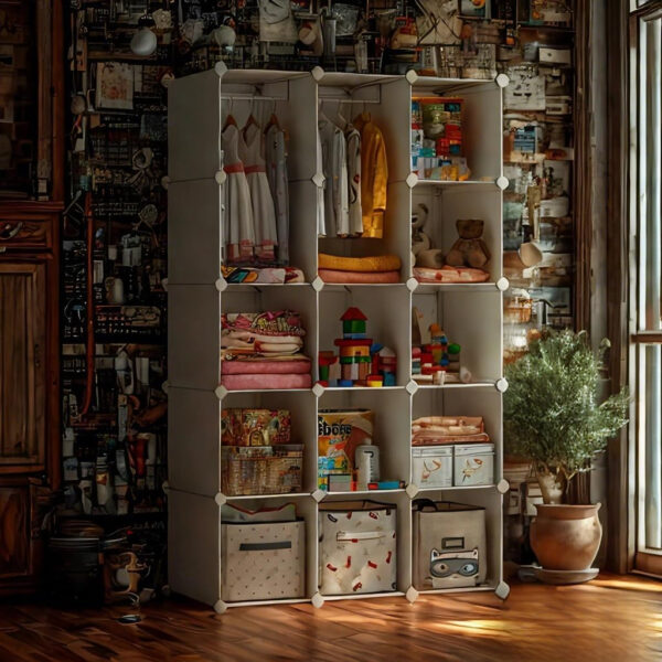 Portable Baby Wardrobe, Modular Kids Dresser,Children Nursery Closet Organizer, 15 Cubes with Hanging Rods,Bedroom,Boys and Girls Storage Shelf, Armoire Clothes Cubby(White)