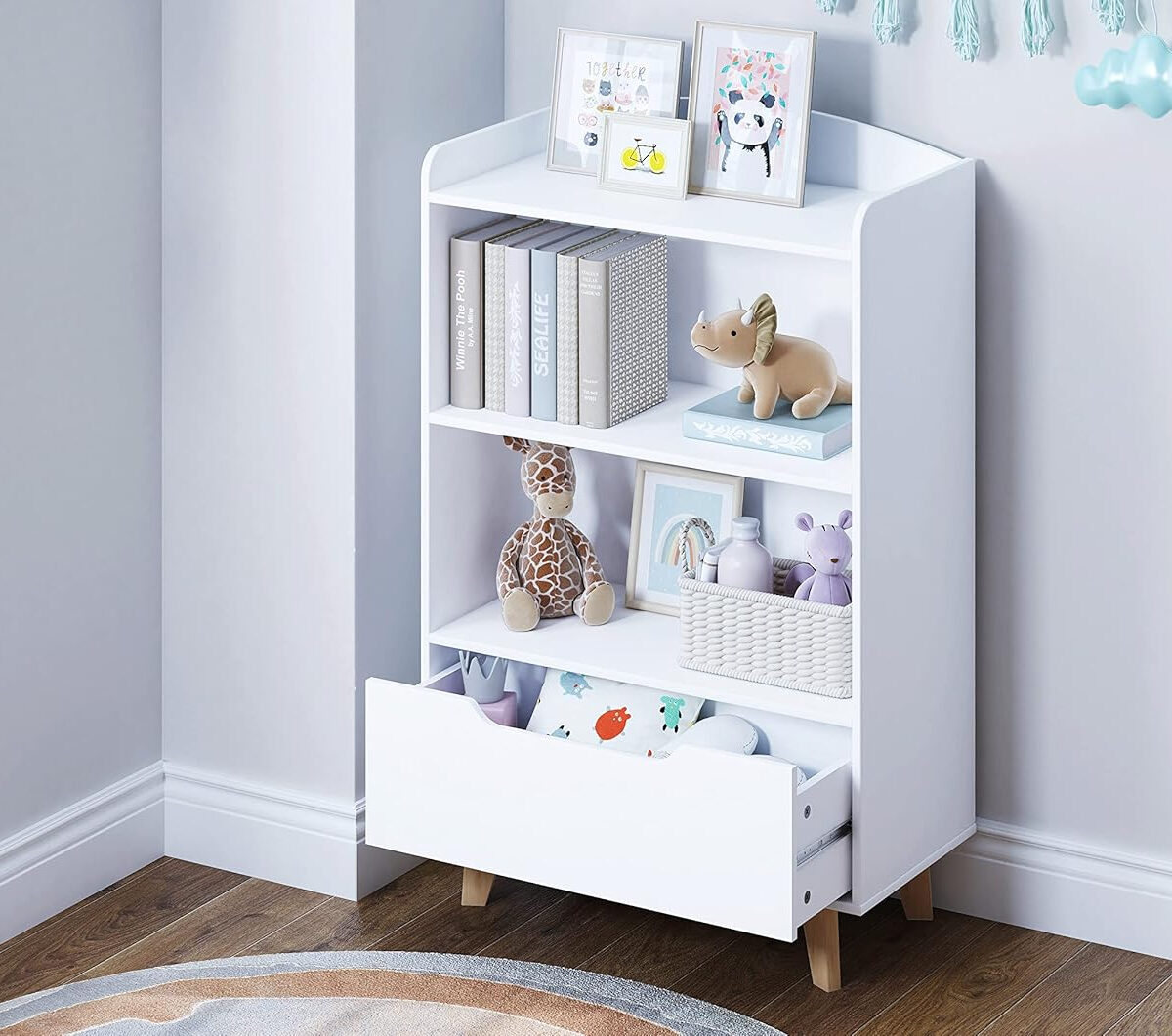 UTEX Kids Bookshelf, Children Bookcases with Storage and Drawer, Wood Kids Toy Storage Organizer for Playroom, Nursery School, White