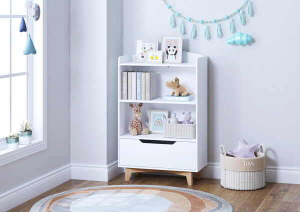UTEX Kids Bookshelf, Children Bookcases with Storage and Drawer, Wood Kids Toy Storage Organizer for Playroom, Nursery School, White