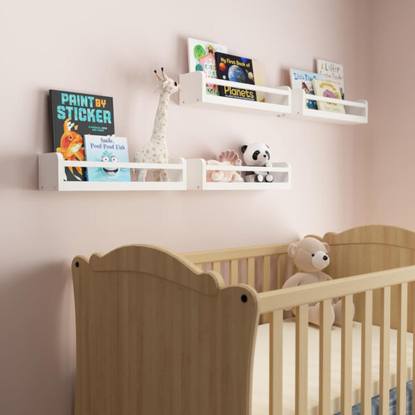 Dual-Guard Nursery Book Shelves Set of 4, Wood Floating Shelves for Nursery Room Wall Decor, Wall Mount Kids Bookshelf for Baby Bedroom Storage, Toddler Toy Hanging Wall Organizer - White