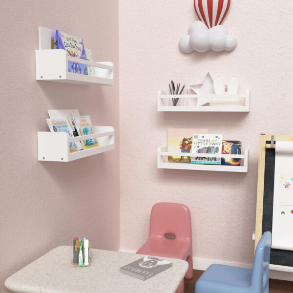Dual-Guard Nursery Book Shelves Set of 4, Wood Floating Shelves for Nursery Room Wall Decor, Wall Mount Kids Bookshelf for Baby Bedroom Storage, Toddler Toy Hanging Wall Organizer - White