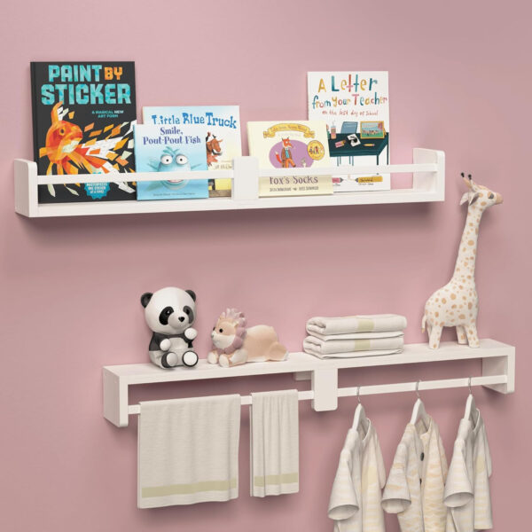 Dual-Guard Nursery Book Shelves Set of 4, Wood Floating Shelves for Nursery Room Wall Decor, Wall Mount Kids Bookshelf for Baby Bedroom Storage, Toddler Toy Hanging Wall Organizer - White