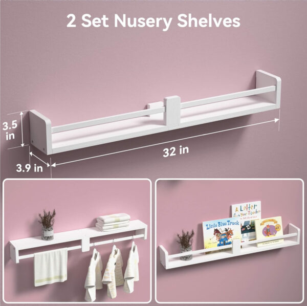 Dual-Guard Nursery Book Shelves Set of 4, Wood Floating Shelves for Nursery Room Wall Decor, Wall Mount Kids Bookshelf for Baby Bedroom Storage, Toddler Toy Hanging Wall Organizer - White