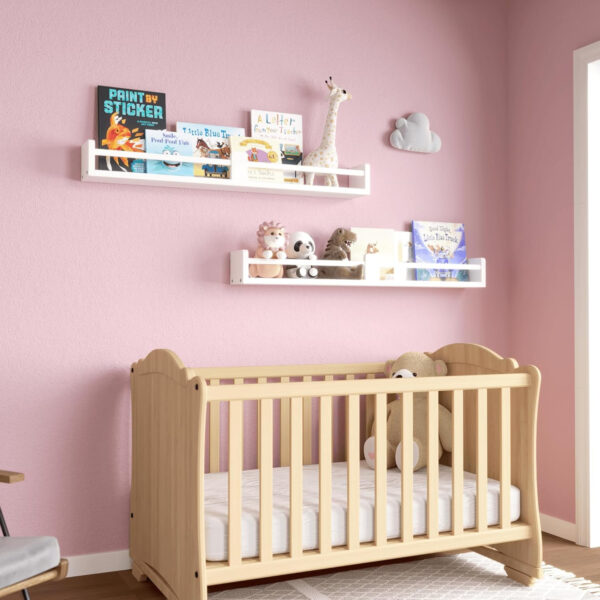 Dual-Guard Nursery Book Shelves Set of 4, Wood Floating Shelves for Nursery Room Wall Decor, Wall Mount Kids Bookshelf for Baby Bedroom Storage, Toddler Toy Hanging Wall Organizer - White
