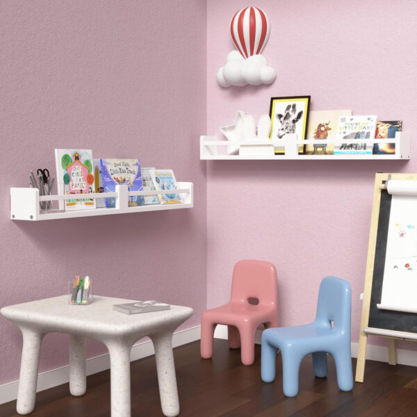 Dual-Guard Nursery Book Shelves Set of 4, Wood Floating Shelves for Nursery Room Wall Decor, Wall Mount Kids Bookshelf for Baby Bedroom Storage, Toddler Toy Hanging Wall Organizer - White